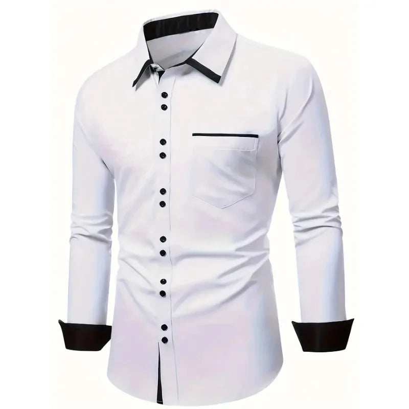 FGKKS Men White Shirt Brand New Men's Fashion Patchwork Long Sleeve Elastic Shirt Four Season Male Casual Shirts