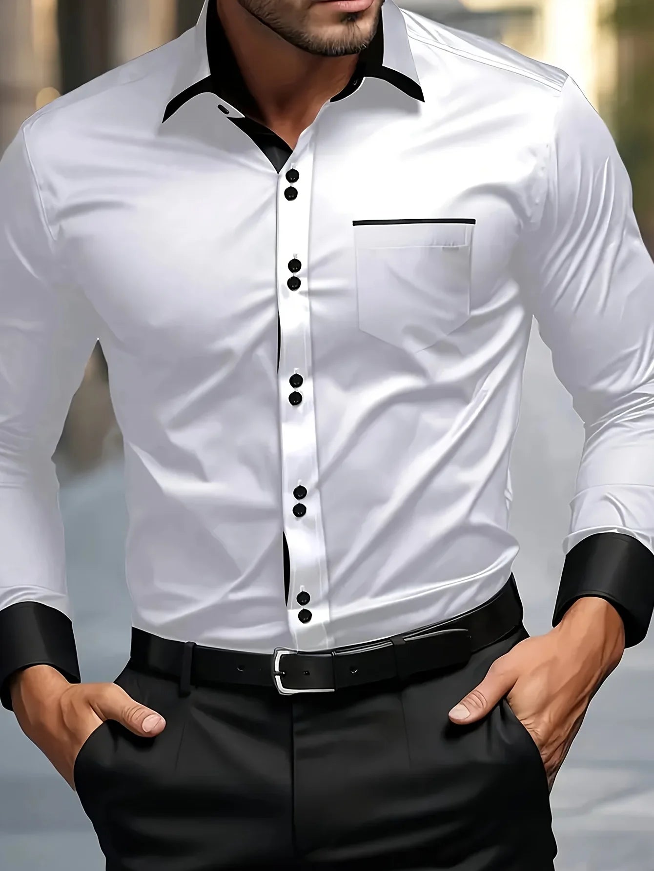 FGKKS Men White Shirt Brand New Men's Fashion Patchwork Long Sleeve Elastic Shirt Four Season Male Casual Shirts