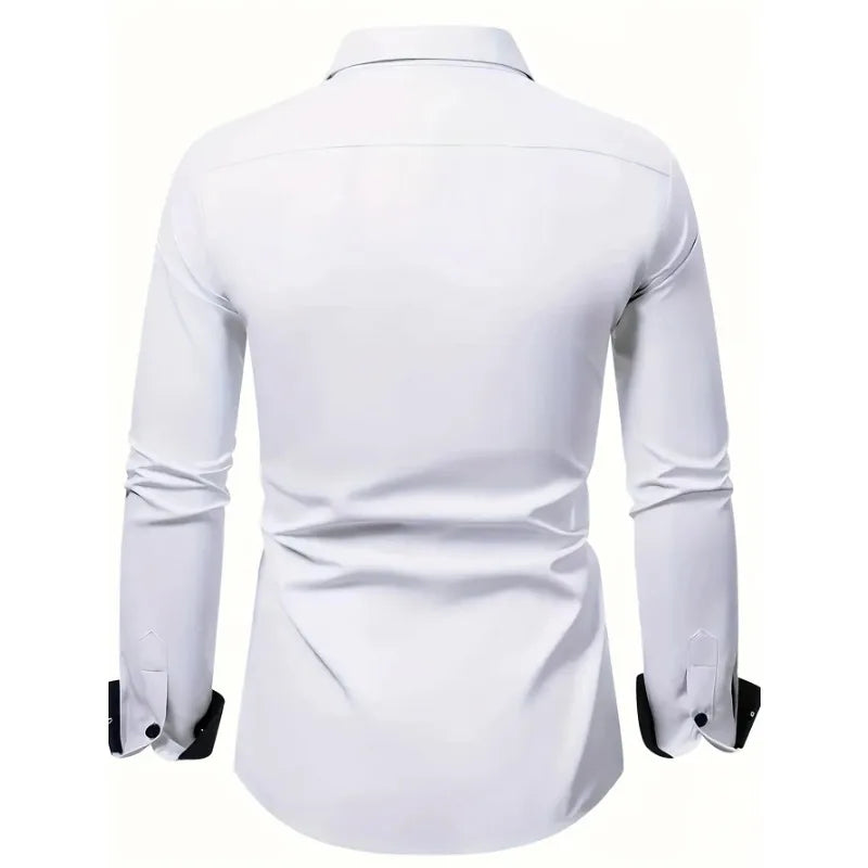 FGKKS Men White Shirt Brand New Men's Fashion Patchwork Long Sleeve Elastic Shirt Four Season Male Casual Shirts